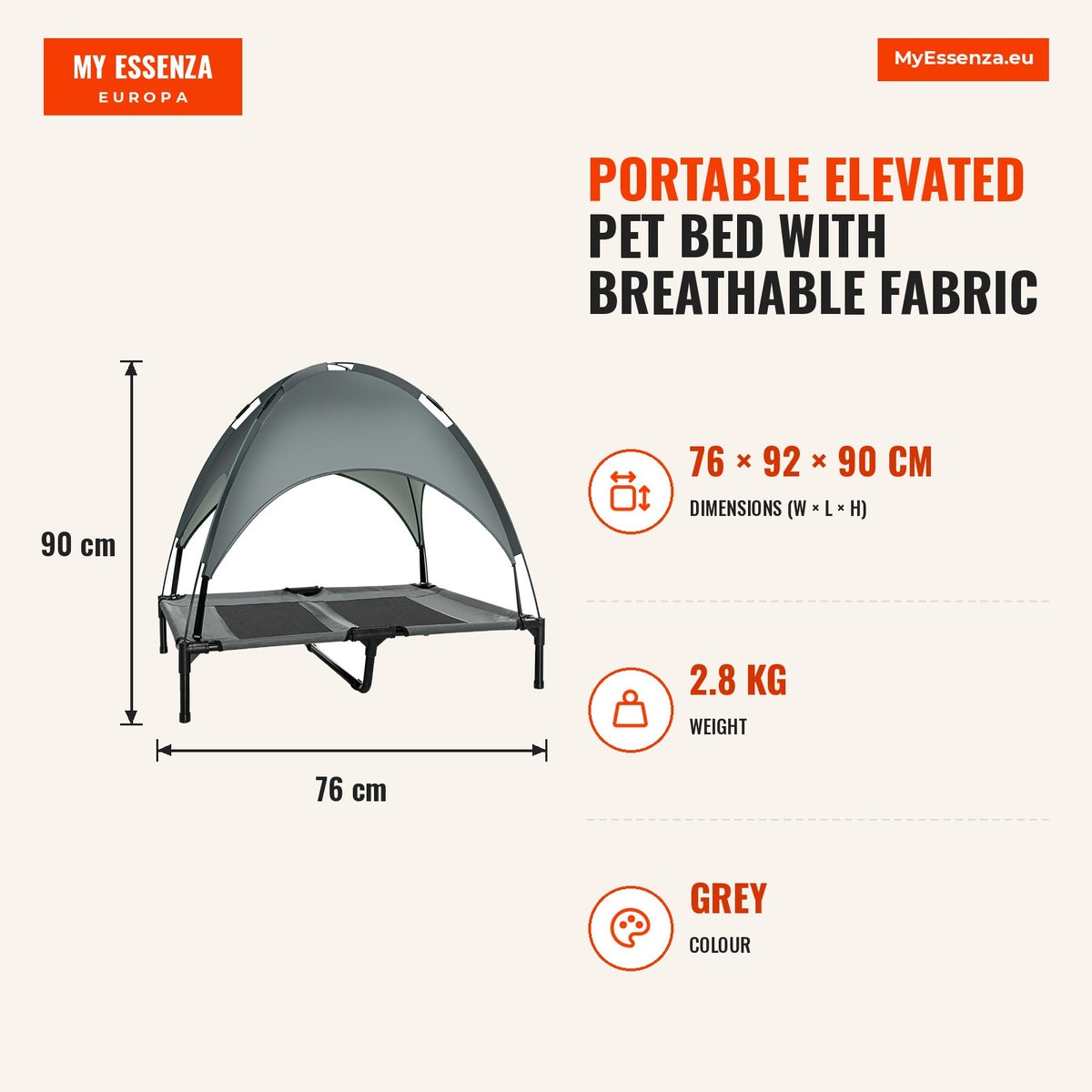 Portable Elevated Pet Bed with Breathable Fabric and Removable Canopy 92x76x90 cm Grey — Infografia EN (medidas)