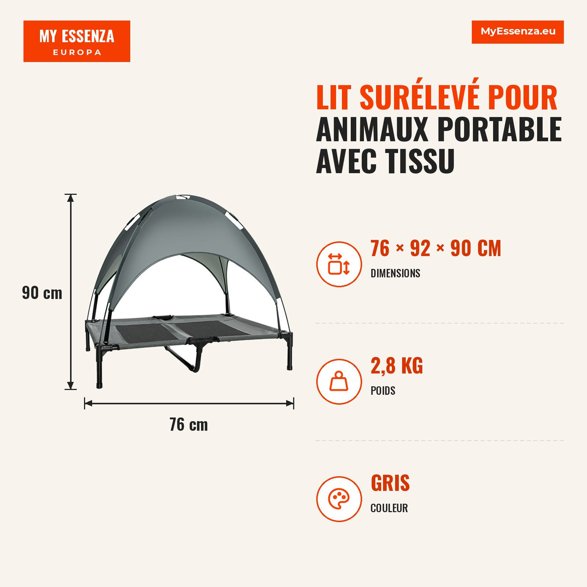 Portable Elevated Pet Bed with Breathable Fabric and Removable Canopy 92x76x90 cm Grey — Infografia FR (medidas)
