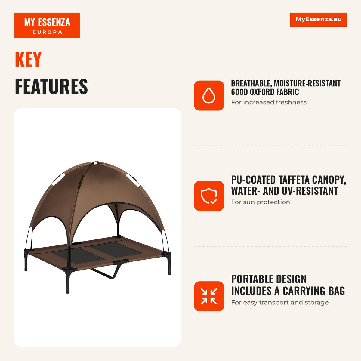 Portable Elevated Pet Bed with Removable Canopy Breathable Fabric for Indoor and Outdoor 92x76x90cm Brown — Infografia EN (vantagens)