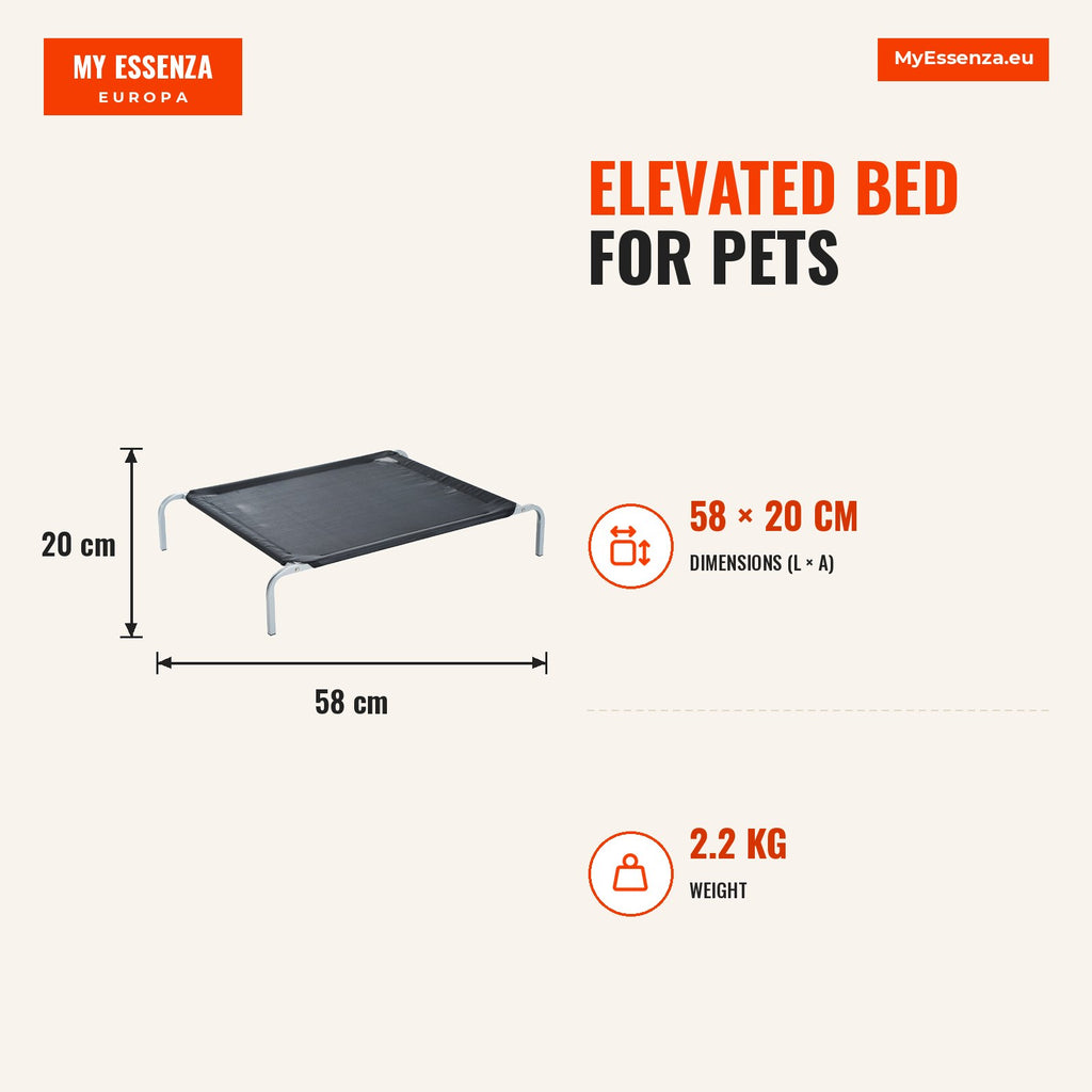 Elevated Bed for Pets, Foldable Dog and Cat Bed, Textilene Fabric Outdoor Garden Terrace 89x58x20cm Black — Infografia EN (medidas)