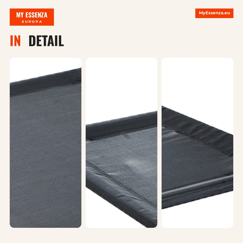Elevated Bed for Pets, Foldable Dog and Cat Bed, Textilene Fabric Outdoor Garden Terrace 89x58x20cm Black — Infografia EN (detalhe)