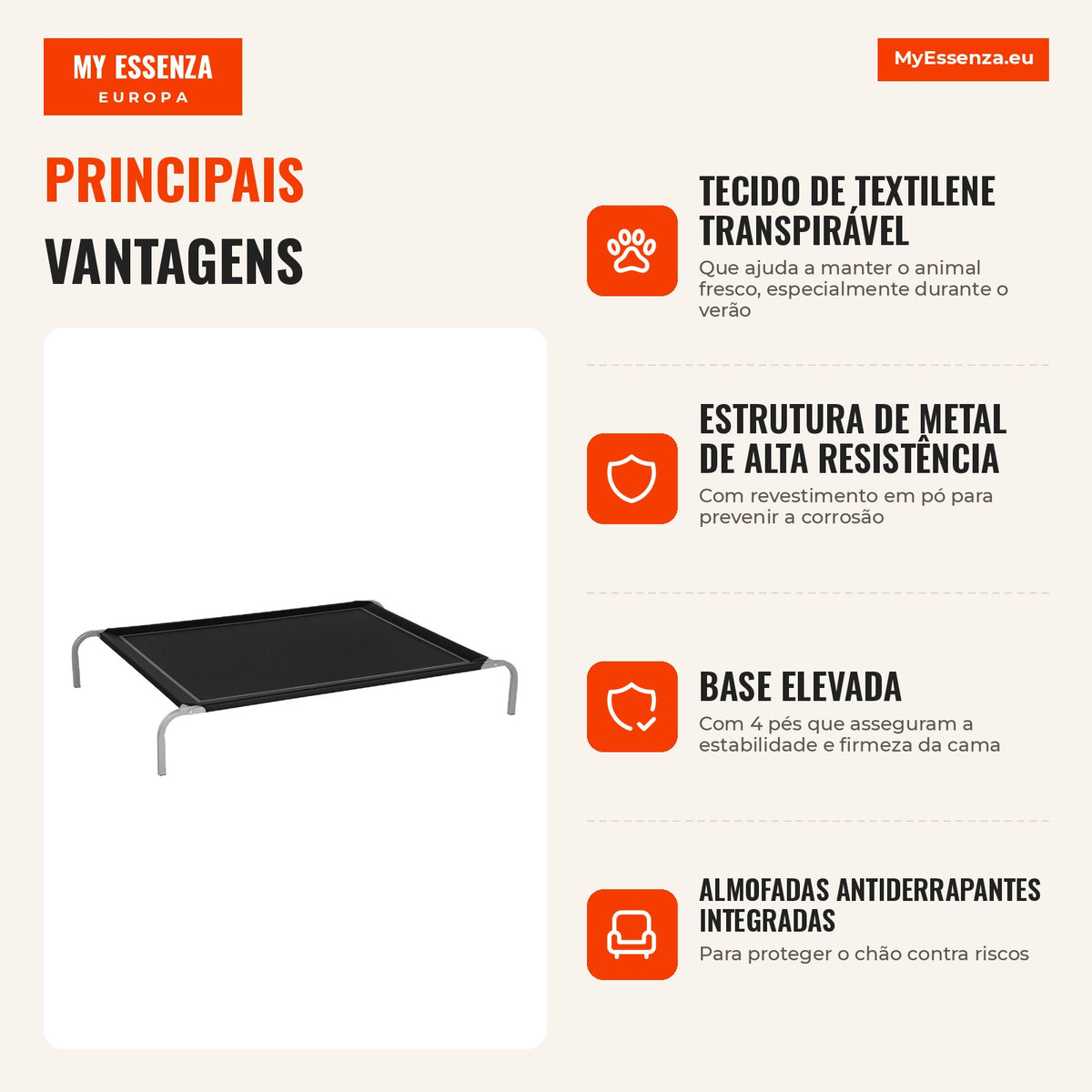 Elevated Breathable Bed for Dogs and Cats 130x90x20 cm Black — Infografia PT (vantagens)
