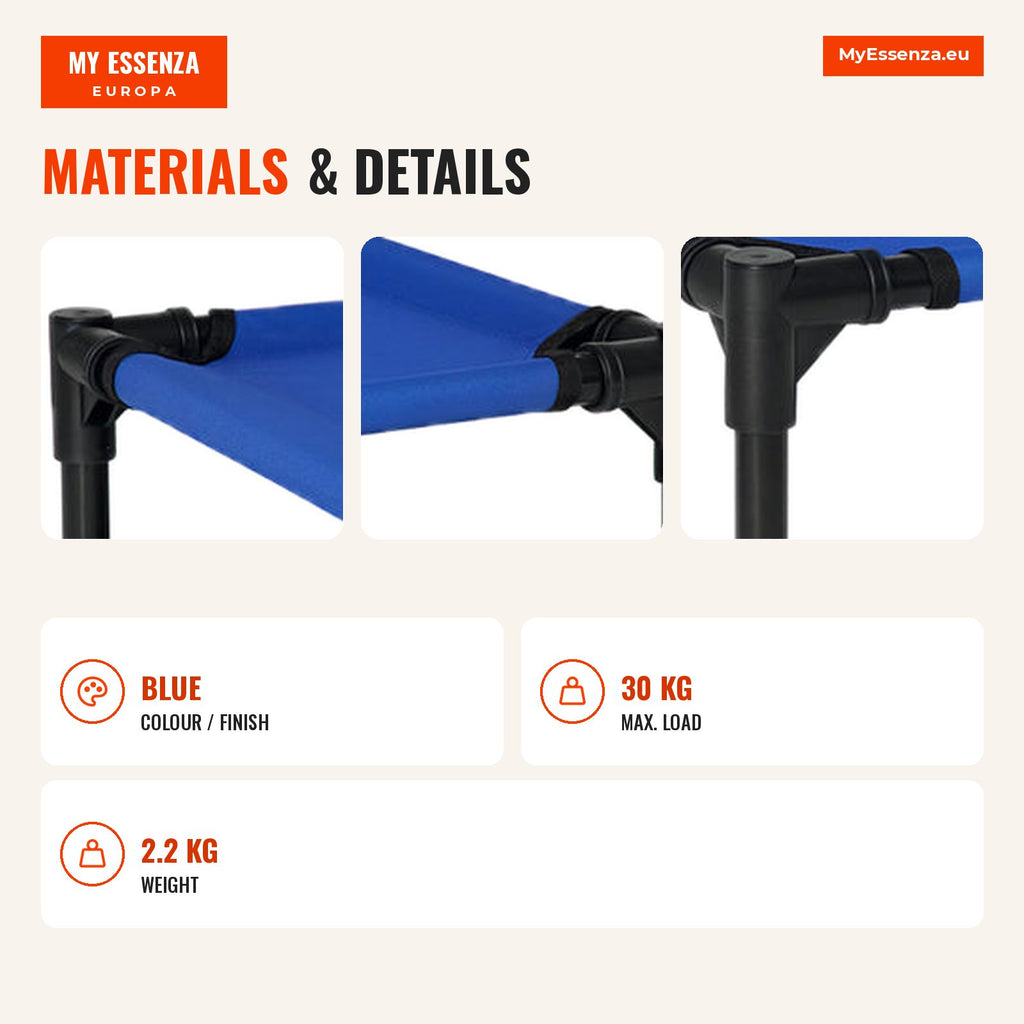 Breathable Elevated Dog Bed for Large Dogs 92x76x18 cm Blue — Infografia EN (materiais e detalhes)