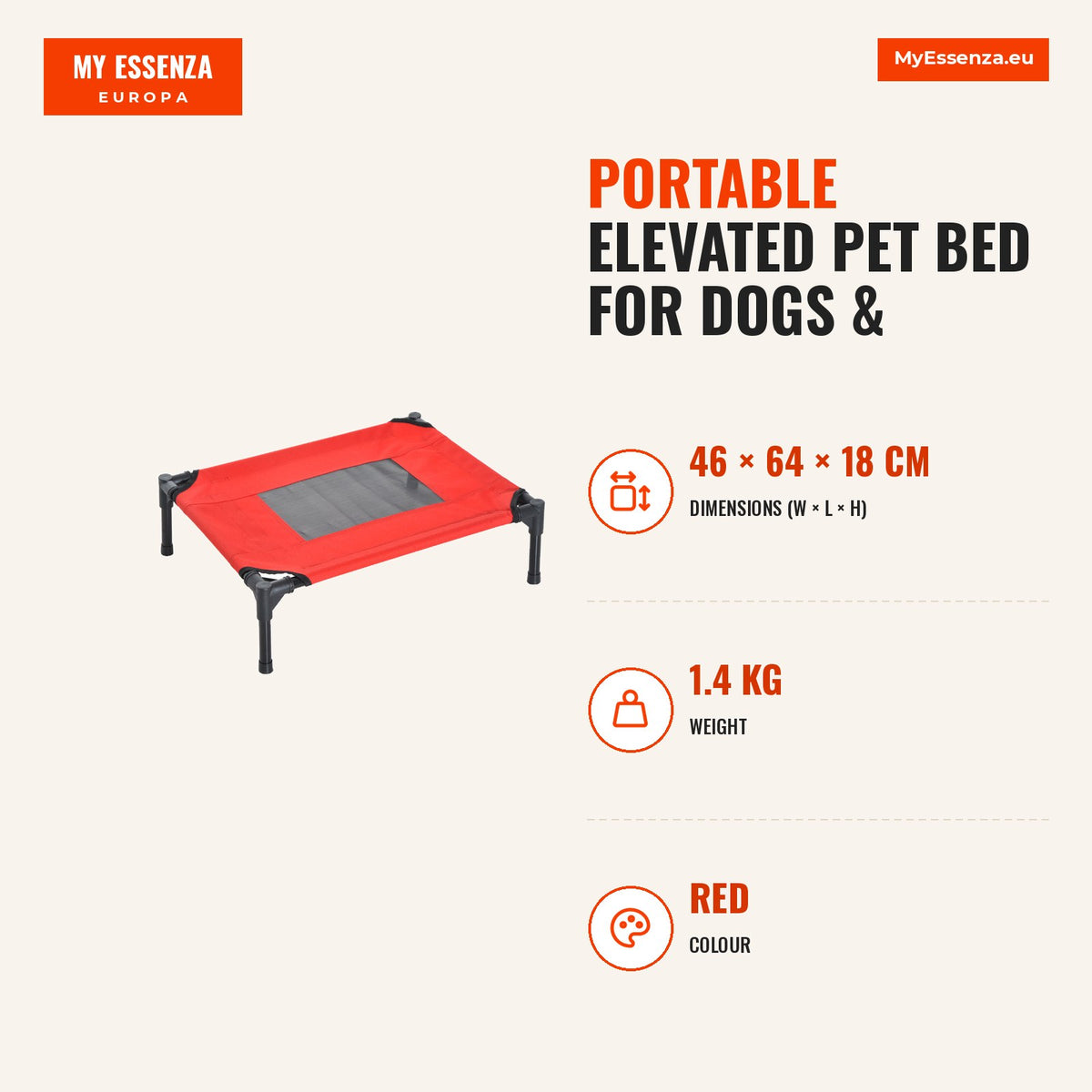 Portable Elevated Pet Bed for Dogs & Cats Breathable Fabric 64x46x18cm Red — Infografia EN (medidas)