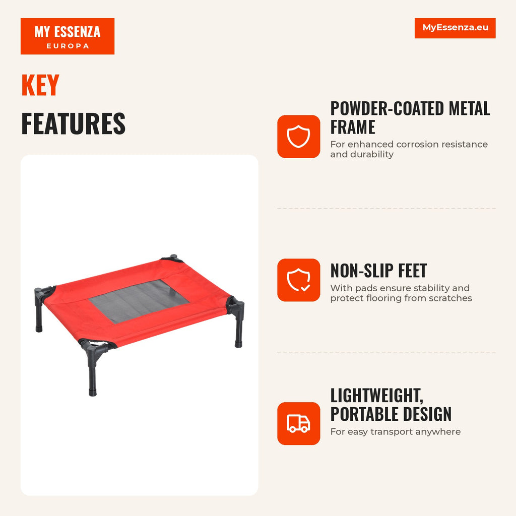Portable Elevated Pet Bed for Dogs & Cats Breathable Fabric 64x46x18cm Red — Infografia EN (vantagens)