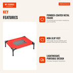 Portable Elevated Pet Bed for Dogs & Cats Breathable Fabric 64x46x18cm Red — Infografia EN (vantagens)
