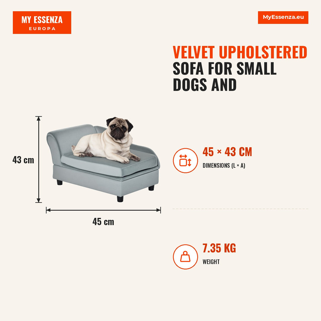 Velvet Upholstered Sofa for Small Dogs and Cats with Hidden Storage and Washable Cushion Load 10 kg 76x45x43 cm Light Gr — Infografia EN (medidas)