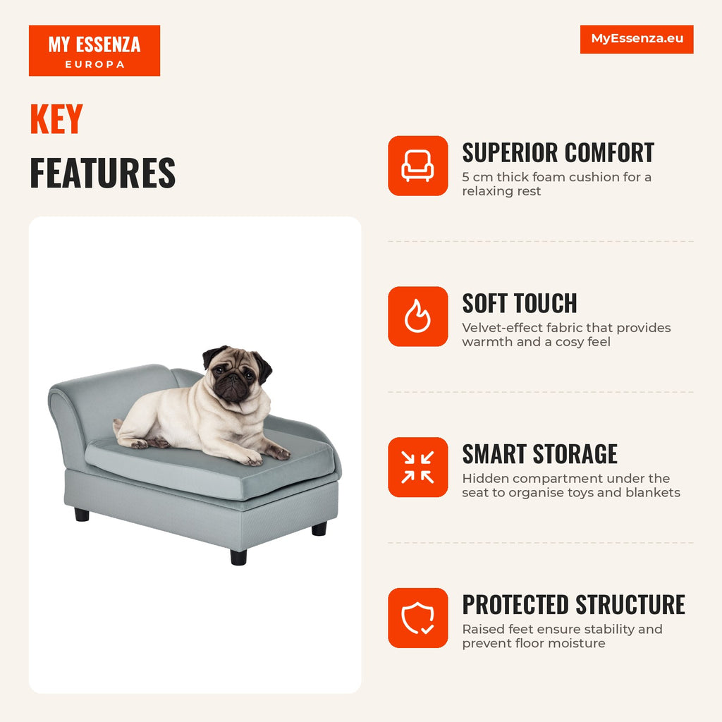 Velvet Upholstered Sofa for Small Dogs and Cats with Hidden Storage and Washable Cushion Load 10 kg 76x45x43 cm Light Gr — Infografia EN (vantagens)