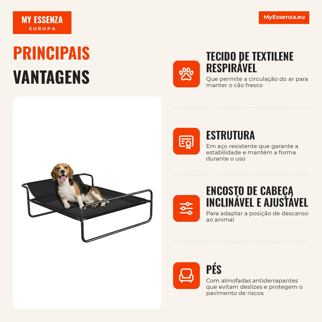Breathable Elevated Dog Bed for Small Dogs 106x81x33 cm Textilene Fabric Adjustable Back Metal Frame Indoor/Outdoor Blac — Infografia PT (vantagens)