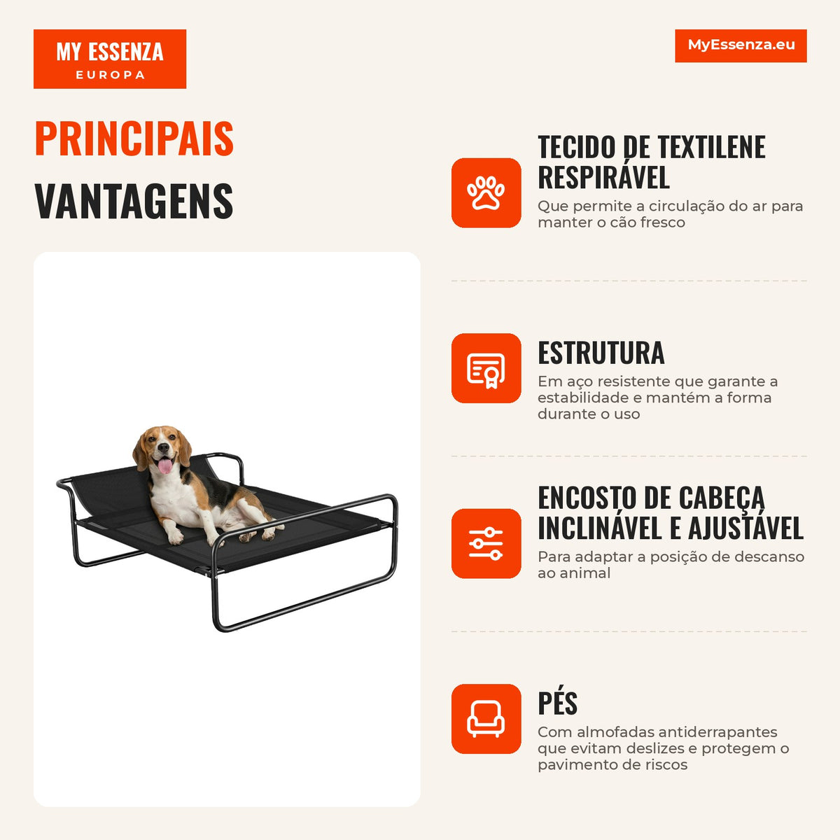 Breathable Elevated Dog Bed for Small Dogs 106x81x33 cm Textilene Fabric Adjustable Back Metal Frame Indoor/Outdoor Blac — Infografia PT (vantagens)