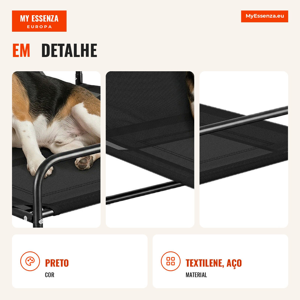 Breathable Elevated Dog Bed for Small Dogs 106x81x33 cm Textilene Fabric Adjustable Back Metal Frame Indoor/Outdoor Blac — Infografia PT (detalhe)