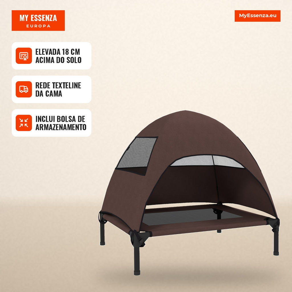 Cama para Cães Exterior com Dossel Cama Elevada para Cães de Porte Médio 76x61x71 cm Café — Infografia PT (em uso)