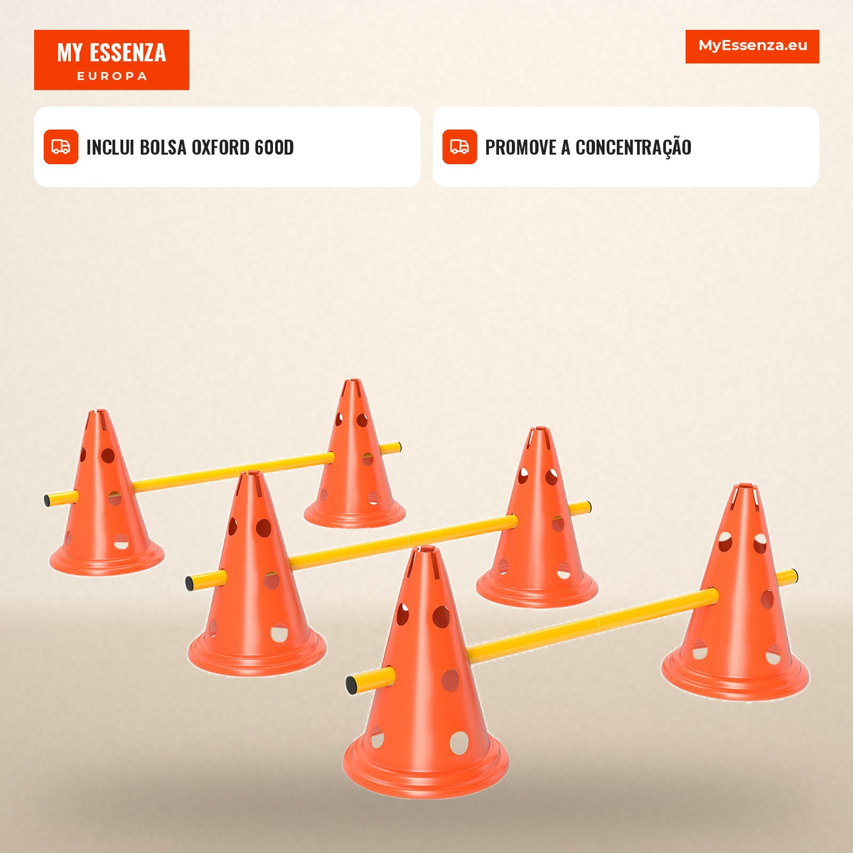 Conjunto Agilidade para Cães 3 peças Equipamento de Agilidade para Treino Conjunto de Obstáculos com 6 cones 3 obstáculo — Infografia PT (em uso)