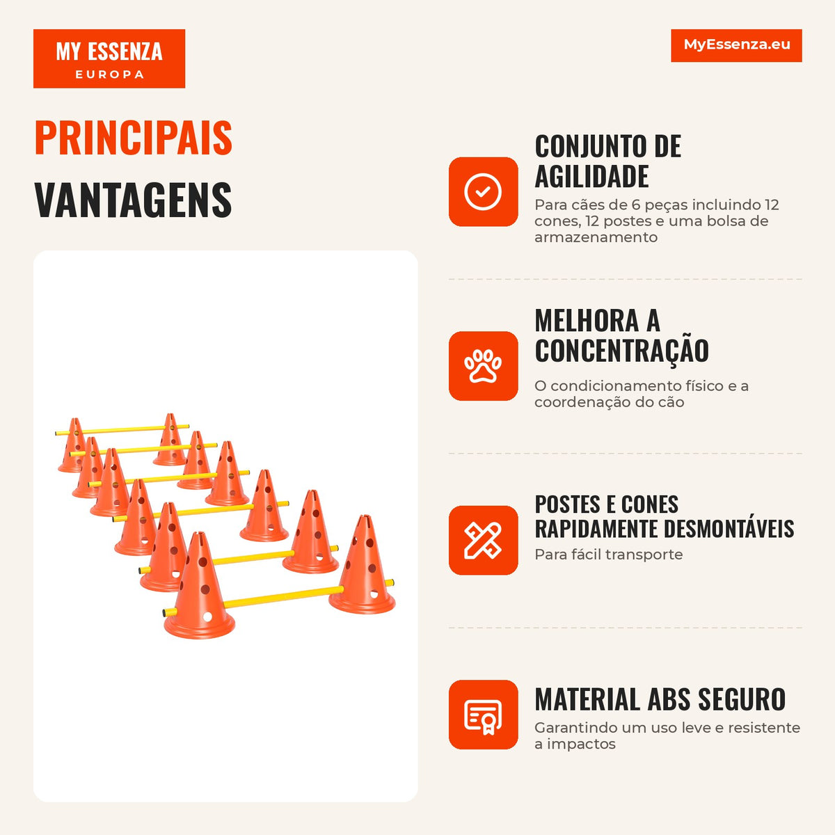 Conjunto de Agilidade para Cães 6 peças Percurso de Obstáculos com Altura Ajustável e Bolsa de Transporte Laranja — Infografia PT (vantagens)