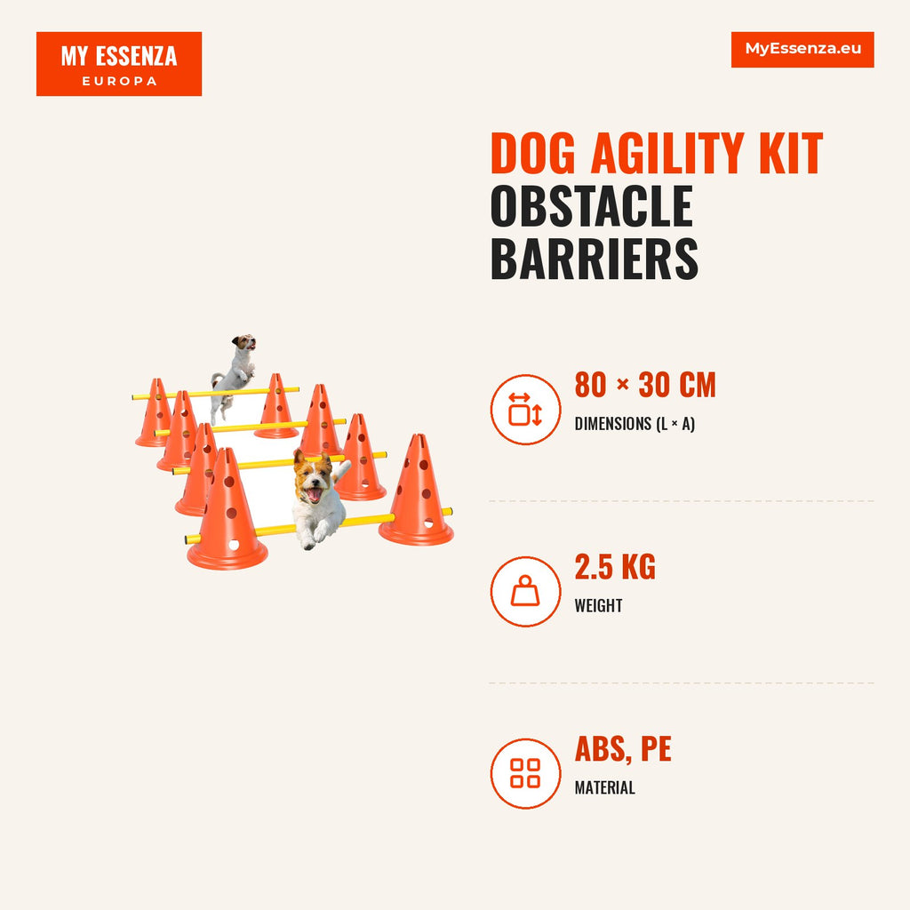Dog Agility Kit Obstacle Barriers 8 Cones 30 cm 4 Bars 80 cm with Carry Bag for Training — Infografia EN (medidas)