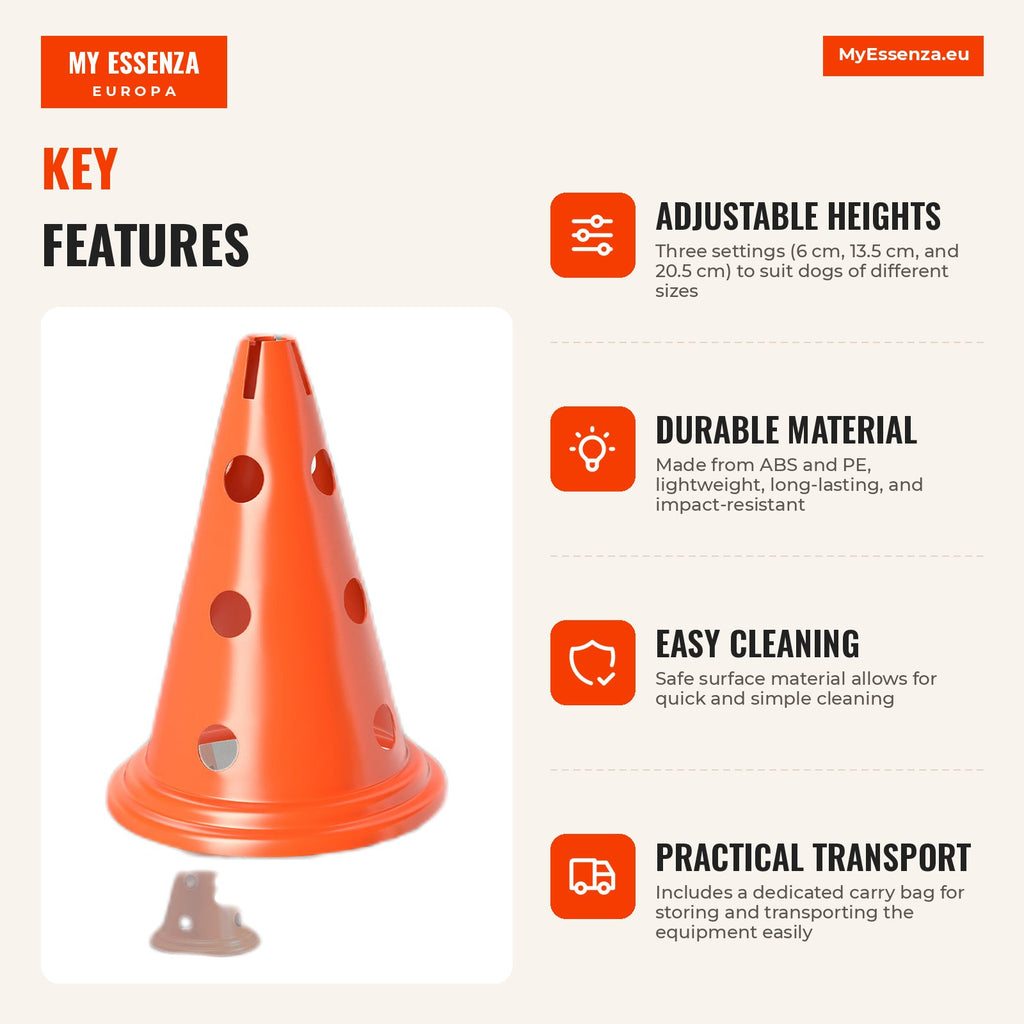 Dog Agility Kit Obstacle Barriers 8 Cones 30 cm 4 Bars 80 cm with Carry Bag for Training — Infografia EN (vantagens)