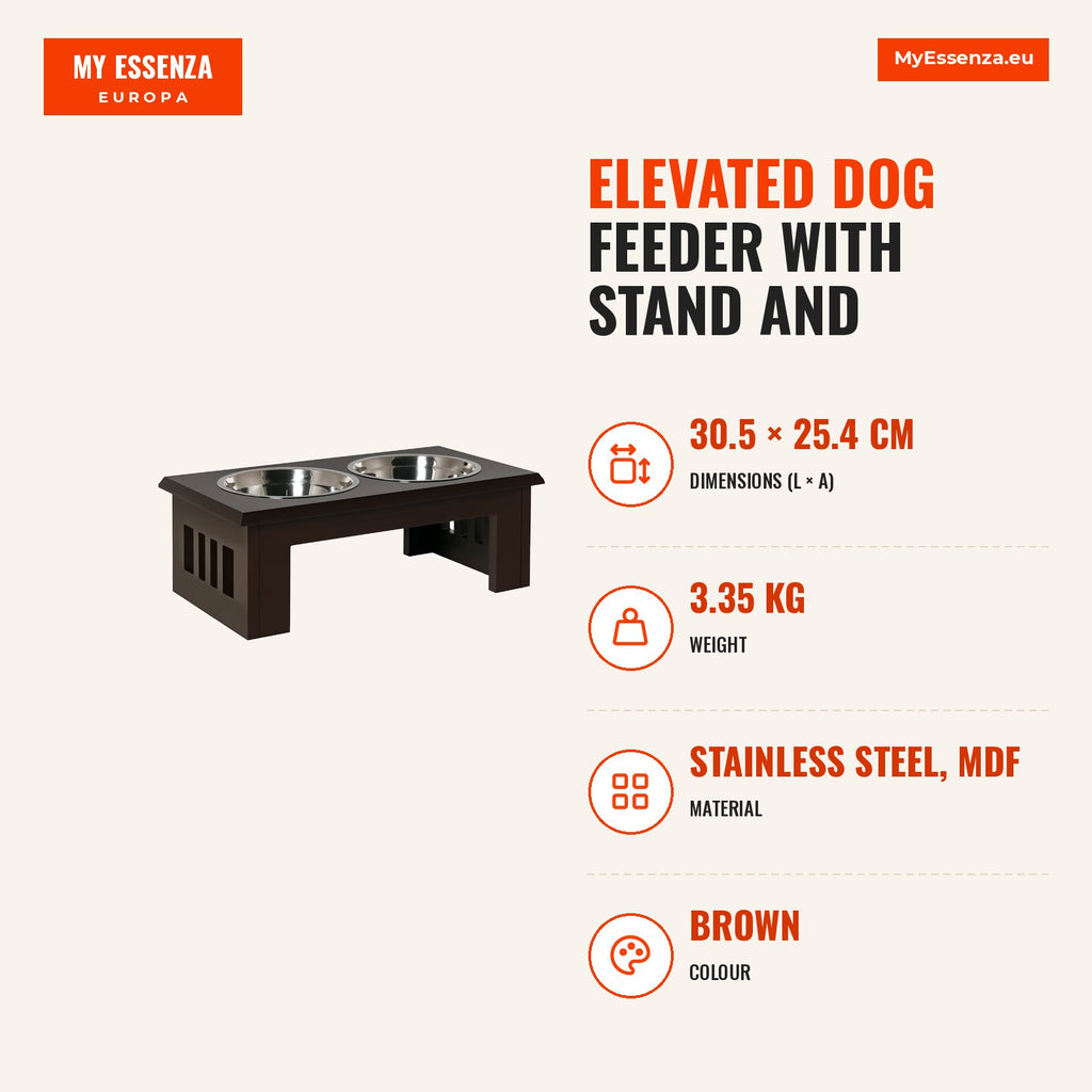 Elevated Dog Feeder with Stand and 2 Removable Stainless Steel Bowls Pet Feeder 58.4x30.5x25.4 cm Brown — Infografia EN (medidas)