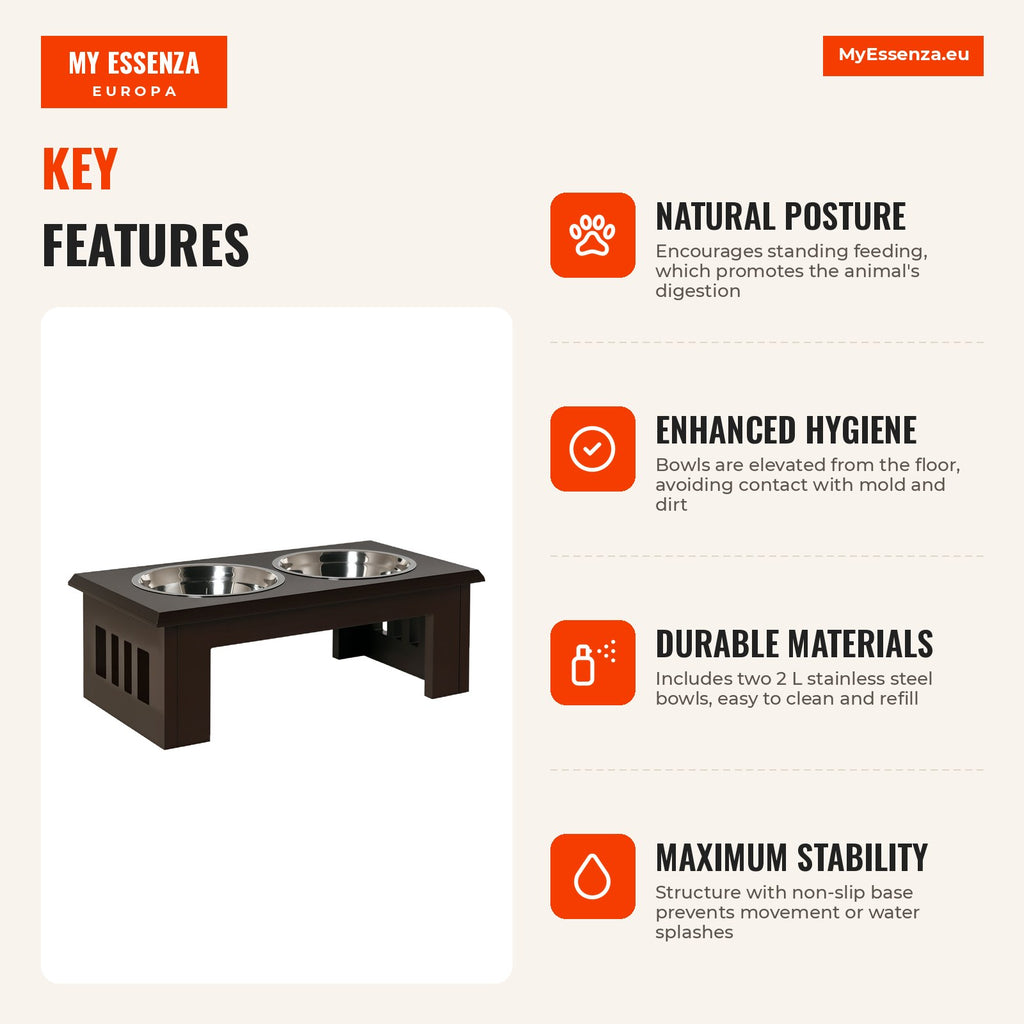 Elevated Dog Feeder with Stand and 2 Removable Stainless Steel Bowls Pet Feeder 58.4x30.5x25.4 cm Brown — Infografia EN (vantagens)