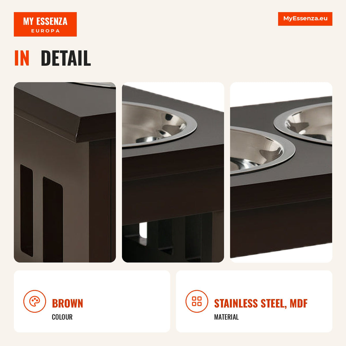 Elevated Dog Feeder with Stand and 2 Removable Stainless Steel Bowls Pet Feeder 58.4x30.5x25.4 cm Brown — Infografia EN (detalhe)