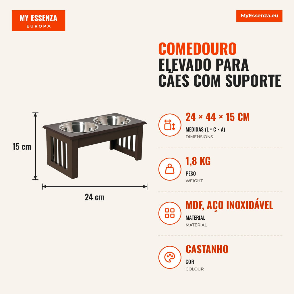 Elevated Dog Feeder with Stand and 2 Removable Stainless Steel Bowls Pet Feeder 44x24x15 cm Brown — Infografia PT (medidas)