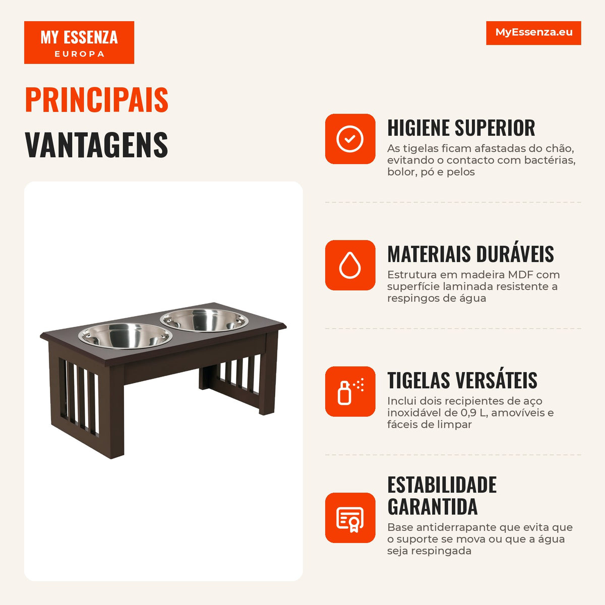 Elevated Dog Feeder with Stand and 2 Removable Stainless Steel Bowls Pet Feeder 44x24x15 cm Brown — Infografia PT (vantagens)
