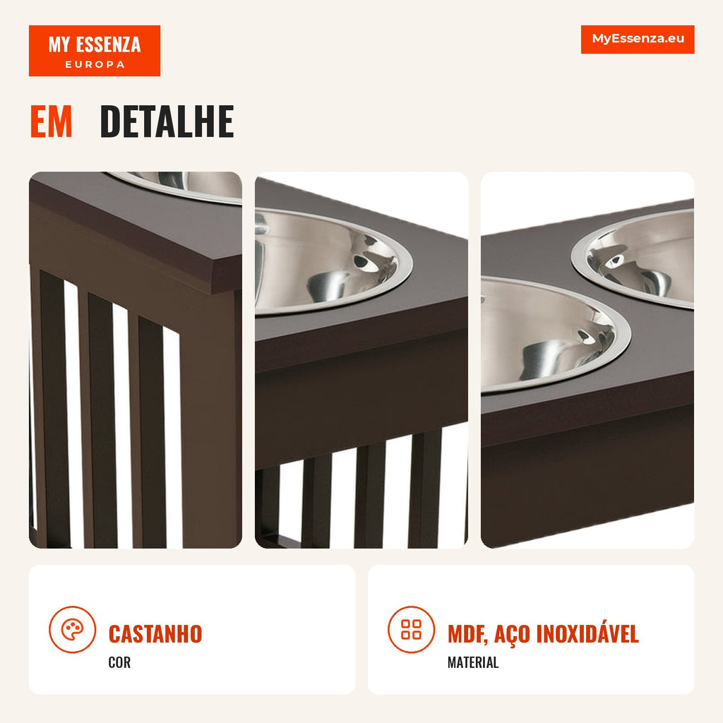 Elevated Dog Feeder with Stand and 2 Removable Stainless Steel Bowls Pet Feeder 44x24x15 cm Brown — Infografia PT (detalhe)