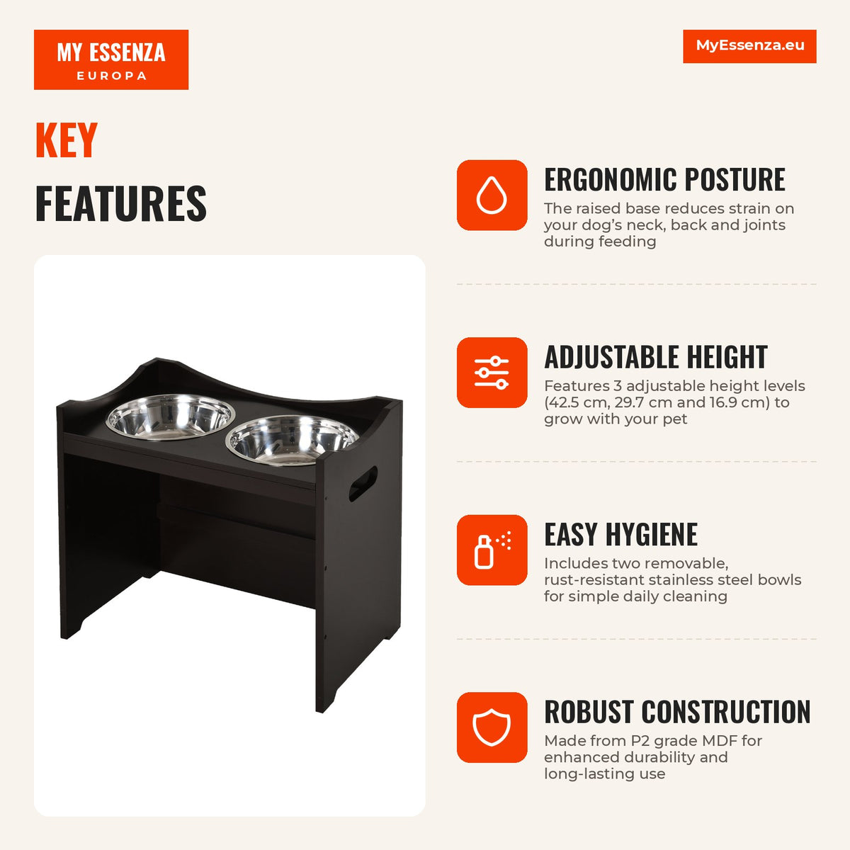 Elevated Dog Feeder with 2 Stainless Steel Bowls and Adjustable Height 54x31.5x47 cm Brown — Infografia EN (vantagens)