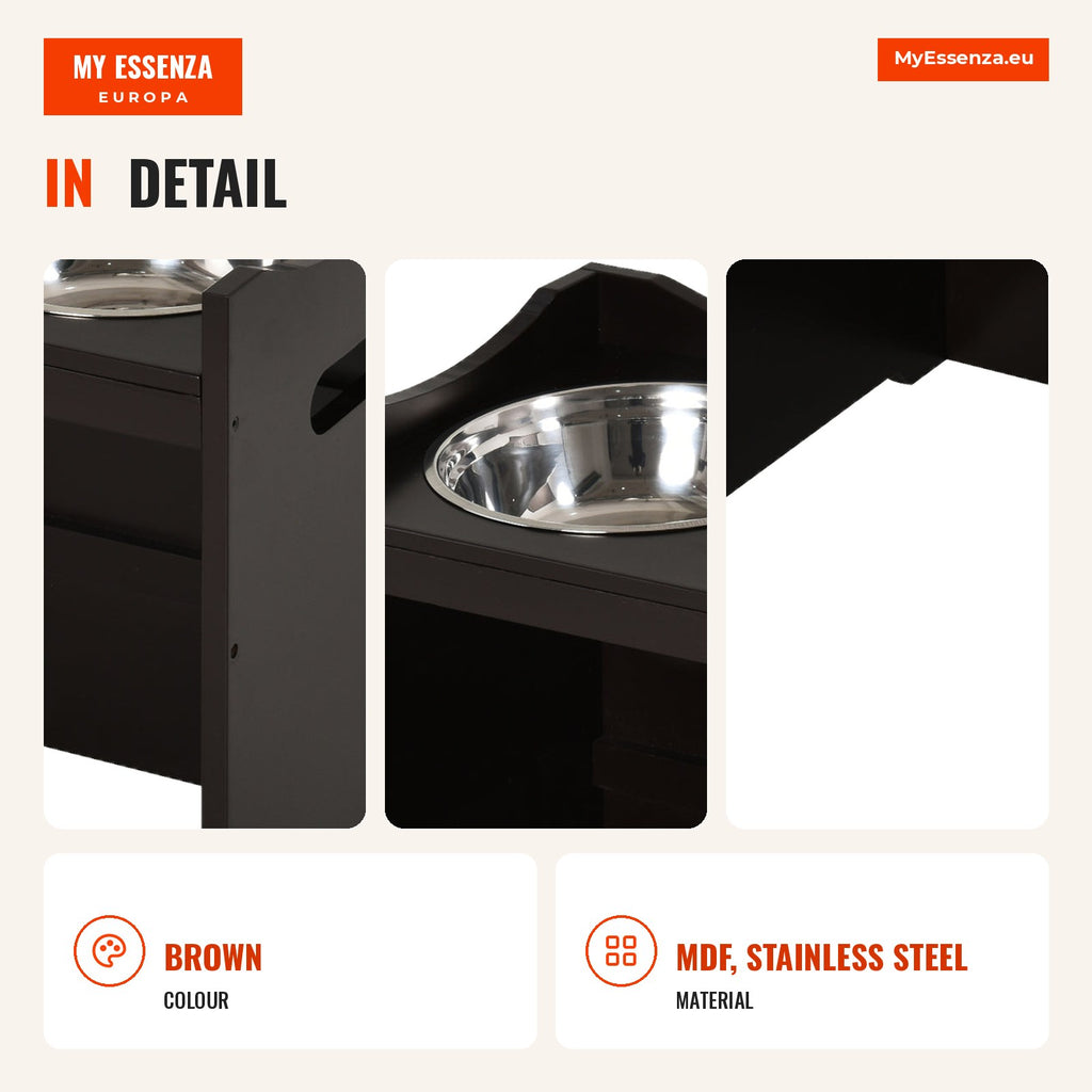 Elevated Dog Feeder with 2 Stainless Steel Bowls and Adjustable Height 54x31.5x47 cm Brown — Infografia EN (detalhe)