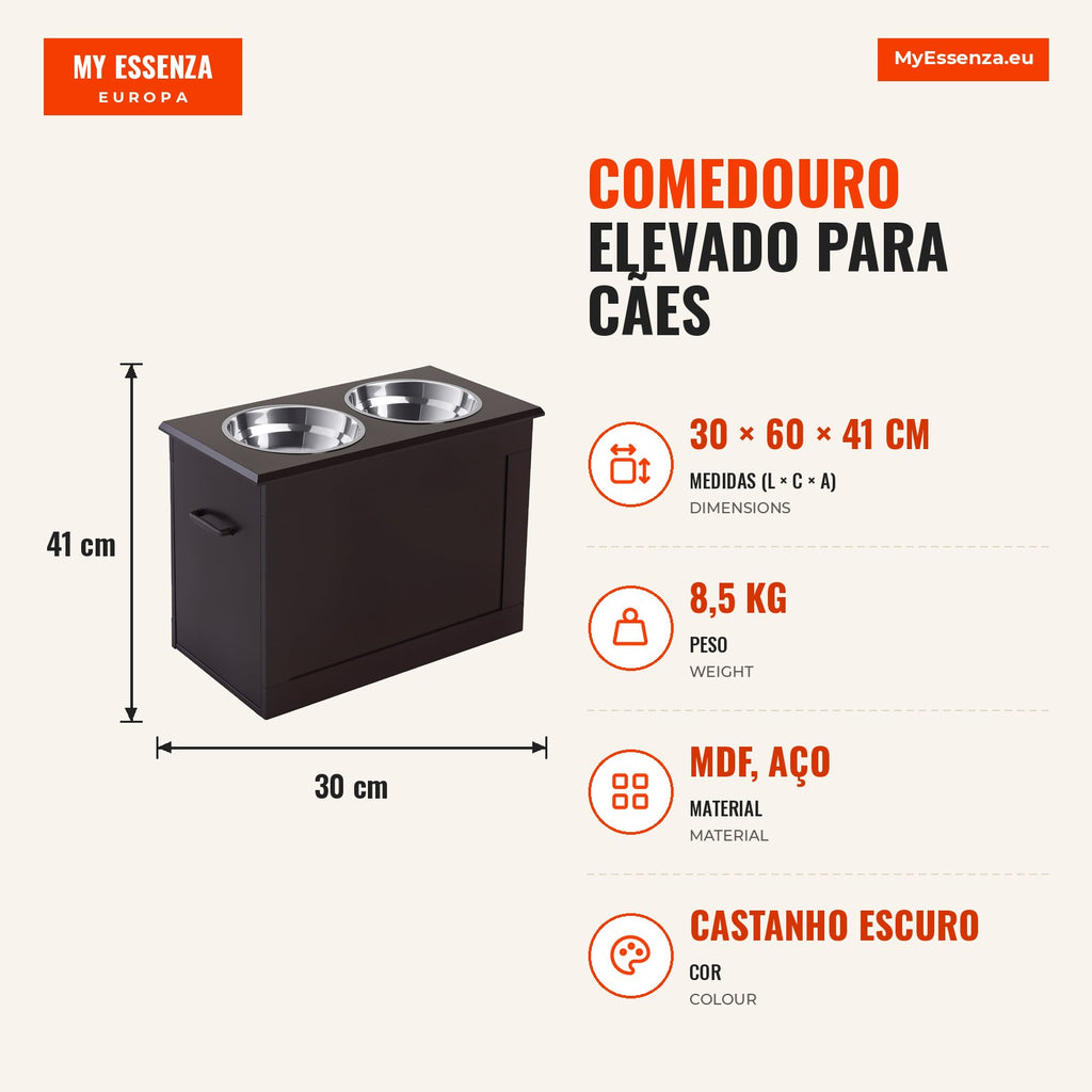 Comedouro Elevado para Cães Comedouro para Cães com 2 Tigelas de Aço Inoxidável e Espaço de Armazenamento Oculto 60x30x4 — Infografia PT (medidas)