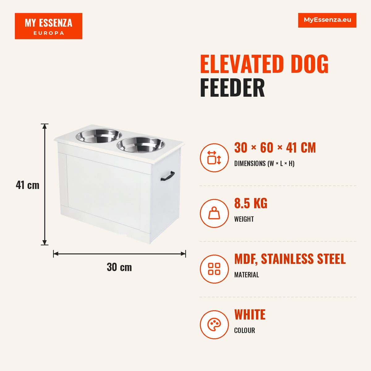 Elevated Dog Feeder with 2 Stainless Steel Bowls and Hidden Storage 60x30x41 cm White — Infografia EN (medidas)