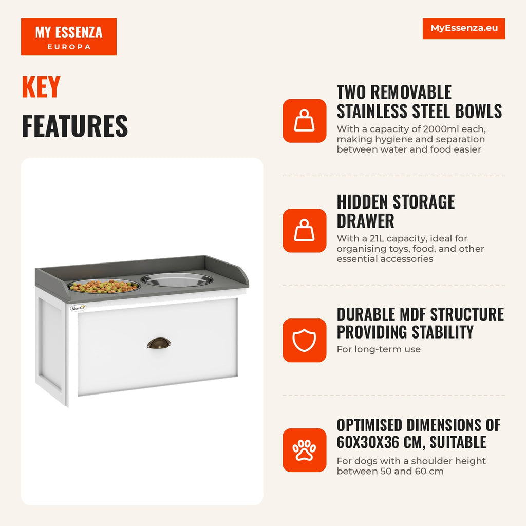 Elevated Dog Bowl with 2 Stainless Steel 2000ml Bowls and Hidden Drawer PawHut 60x30x36cm White — Infografia EN (vantagens)