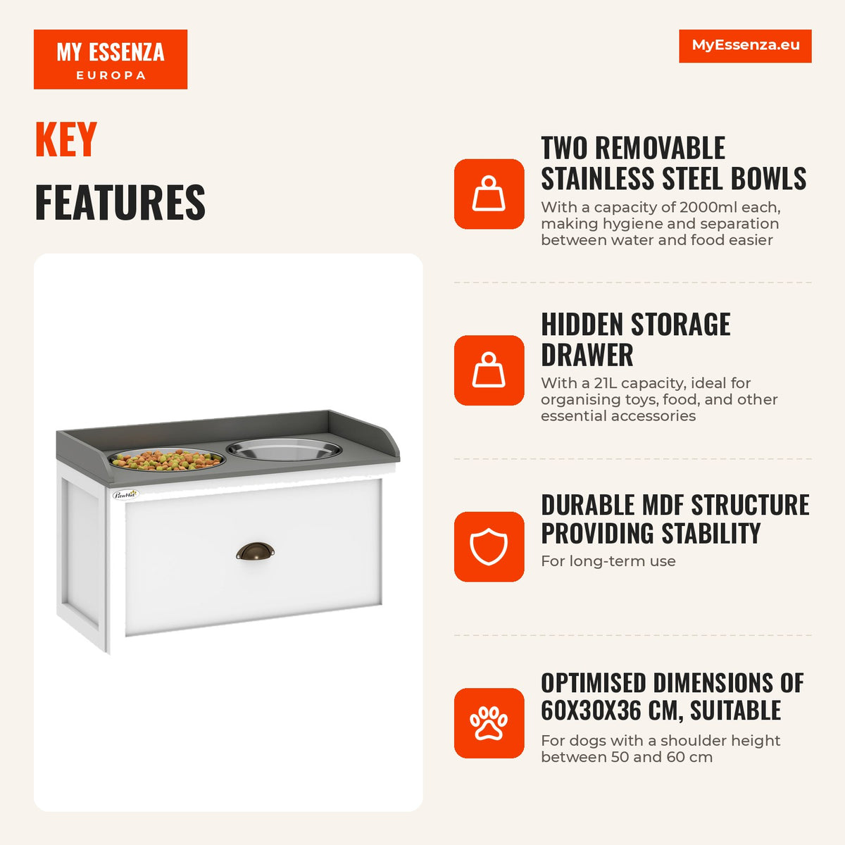 Elevated Dog Bowl with 2 Stainless Steel 2000ml Bowls and Hidden Drawer PawHut 60x30x36cm White — Infografia EN (vantagens)