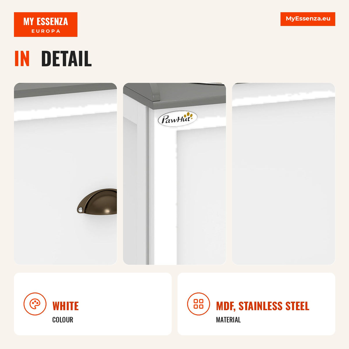 Elevated Dog Bowl with 2 Stainless Steel 2000ml Bowls and Hidden Drawer PawHut 60x30x36cm White — Infografia EN (detalhe)