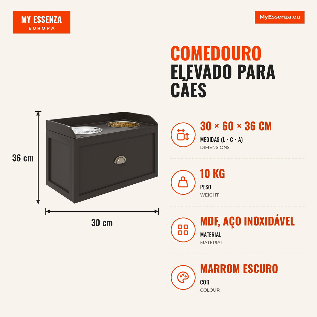 Elevated Dog Feeder with 2 Stainless Steel Bowls 2000ml and Hidden Drawer Wooden Stand 60x30x36cm Dark Brown — Infografia PT (medidas)