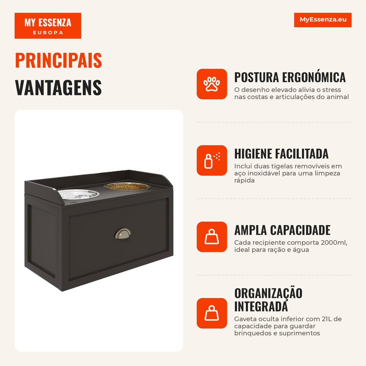 Elevated Dog Feeder with 2 Stainless Steel Bowls 2000ml and Hidden Drawer Wooden Stand 60x30x36cm Dark Brown — Infografia PT (vantagens)