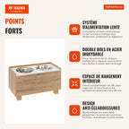 Elevated Dog Feeder with Removable Slow Feeding System and Storage Space Dog Feeder with 2 x 2L Stainless Steel Bowls fo — Infografia FR (vantagens)