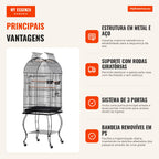 PawHut Bird Cage with Stand and Wheels Large Metal Cage with Removable Tray and 2 Bowls for Parrots Budgies 53x53x153cm  — Infografia PT (vantagens)