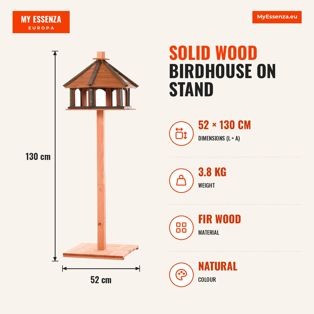 Solid Wood Birdhouse on Stand Ø52x130cm with Roof Feeder for Wild Birds Outdoor Garden Natural — Infografia EN (medidas)