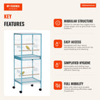 Large 2-Level Bird Cage with Wheels, Removable Trays, Doors PawHut 51.5x50x140 cm Blue and White — Infografia EN (vantagens)
