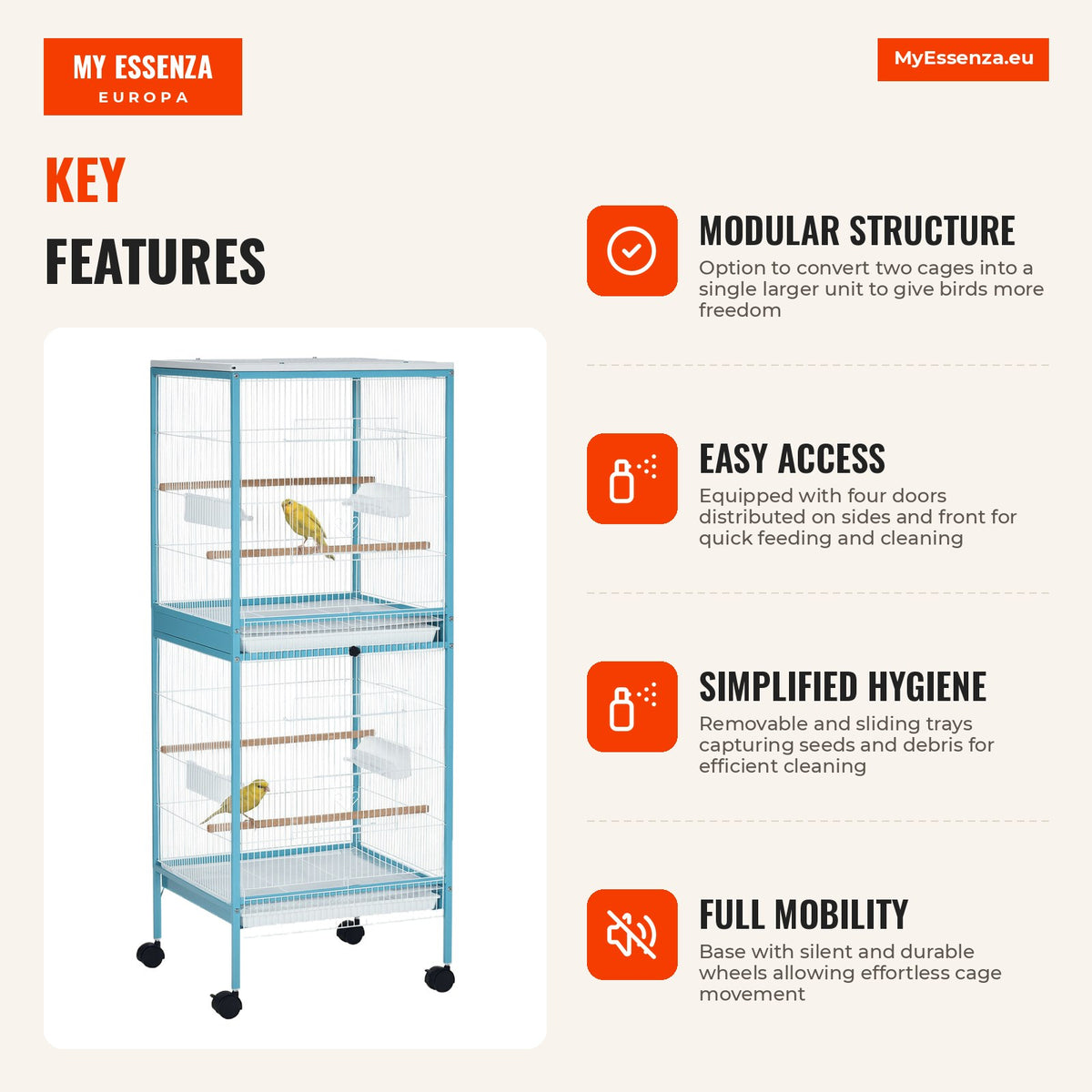 Large 2-Level Bird Cage with Wheels, Removable Trays, Doors PawHut 51.5x50x140 cm Blue and White — Infografia EN (vantagens)