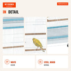 Large 2-Level Bird Cage with Wheels, Removable Trays, Doors PawHut 51.5x50x140 cm Blue and White — Infografia EN (detalhe)