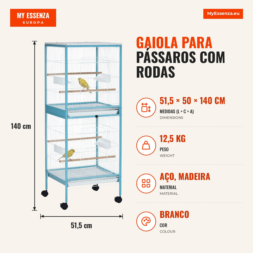 Large 2-Level Bird Cage with Wheels, Removable Trays, Doors PawHut 51.5x50x140 cm Blue and White — Infografia PT (medidas)