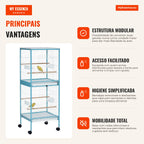 Large 2-Level Bird Cage with Wheels, Removable Trays, Doors PawHut 51.5x50x140 cm Blue and White — Infografia PT (vantagens)