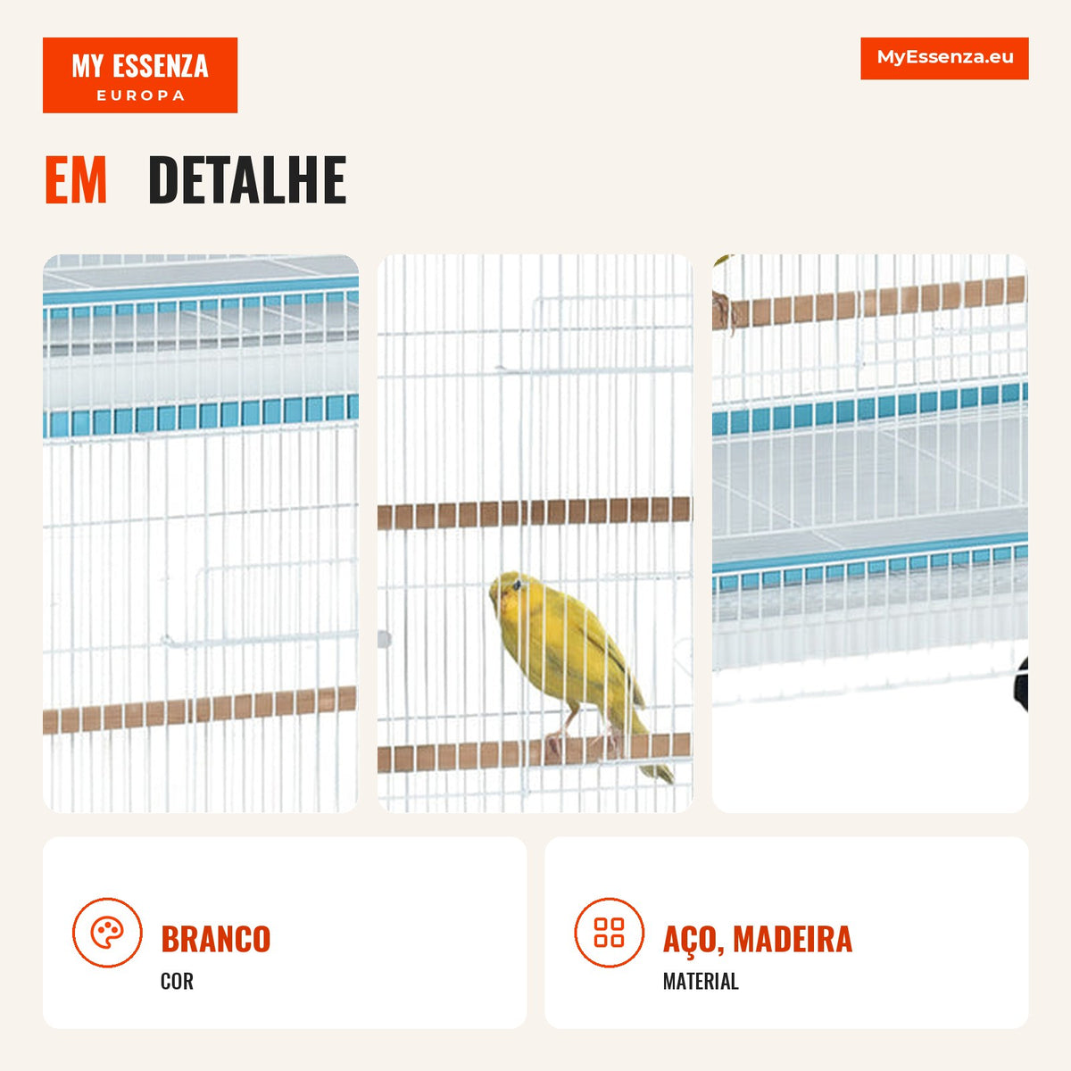 Large 2-Level Bird Cage with Wheels, Removable Trays, Doors PawHut 51.5x50x140 cm Blue and White — Infografia PT (detalhe)