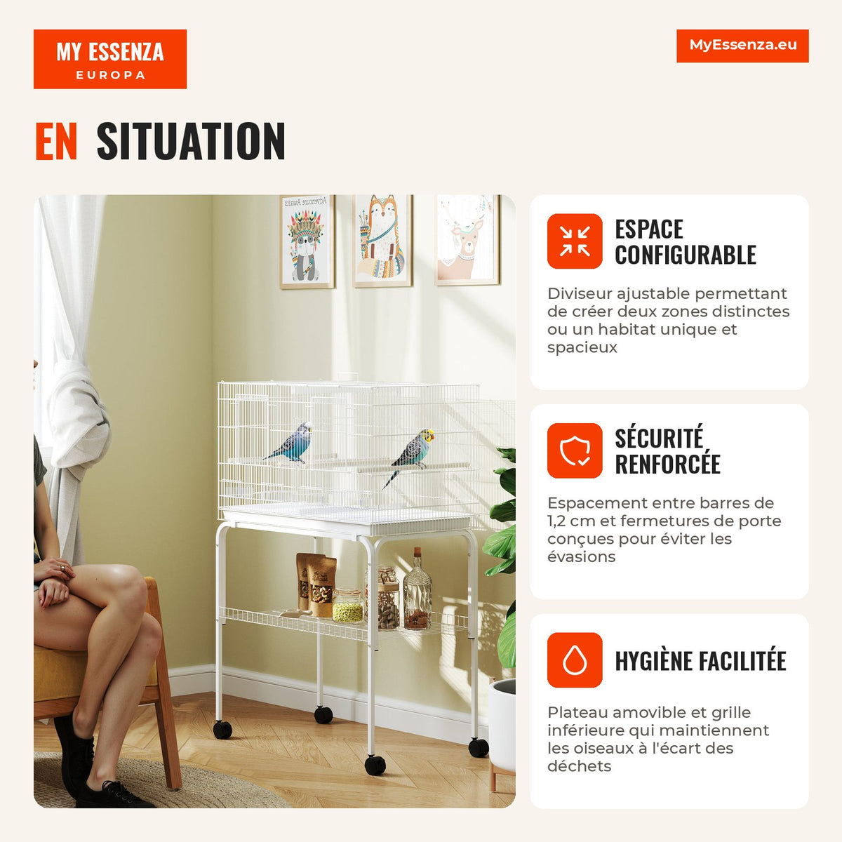 Cage pour Oiseaux avec Diviseur Cage sur Roulettes pour Perruches Canaris Cage avec Mangeoires Perchoirs et Plateau Amov — Infografia FR (em utilização)