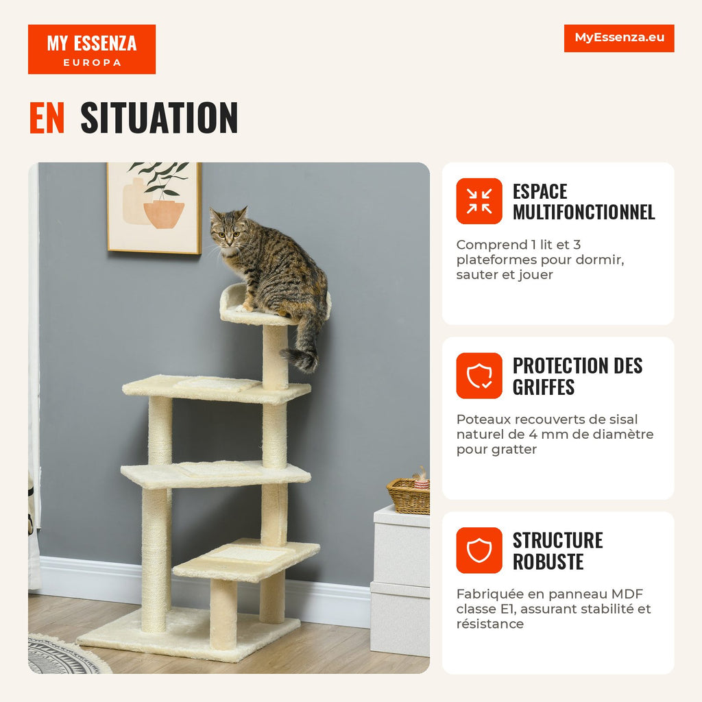 Cat tree with bed, platform and beige velvet sisal scratching post - 50x50x100cm — Infografia FR (em utilização)
