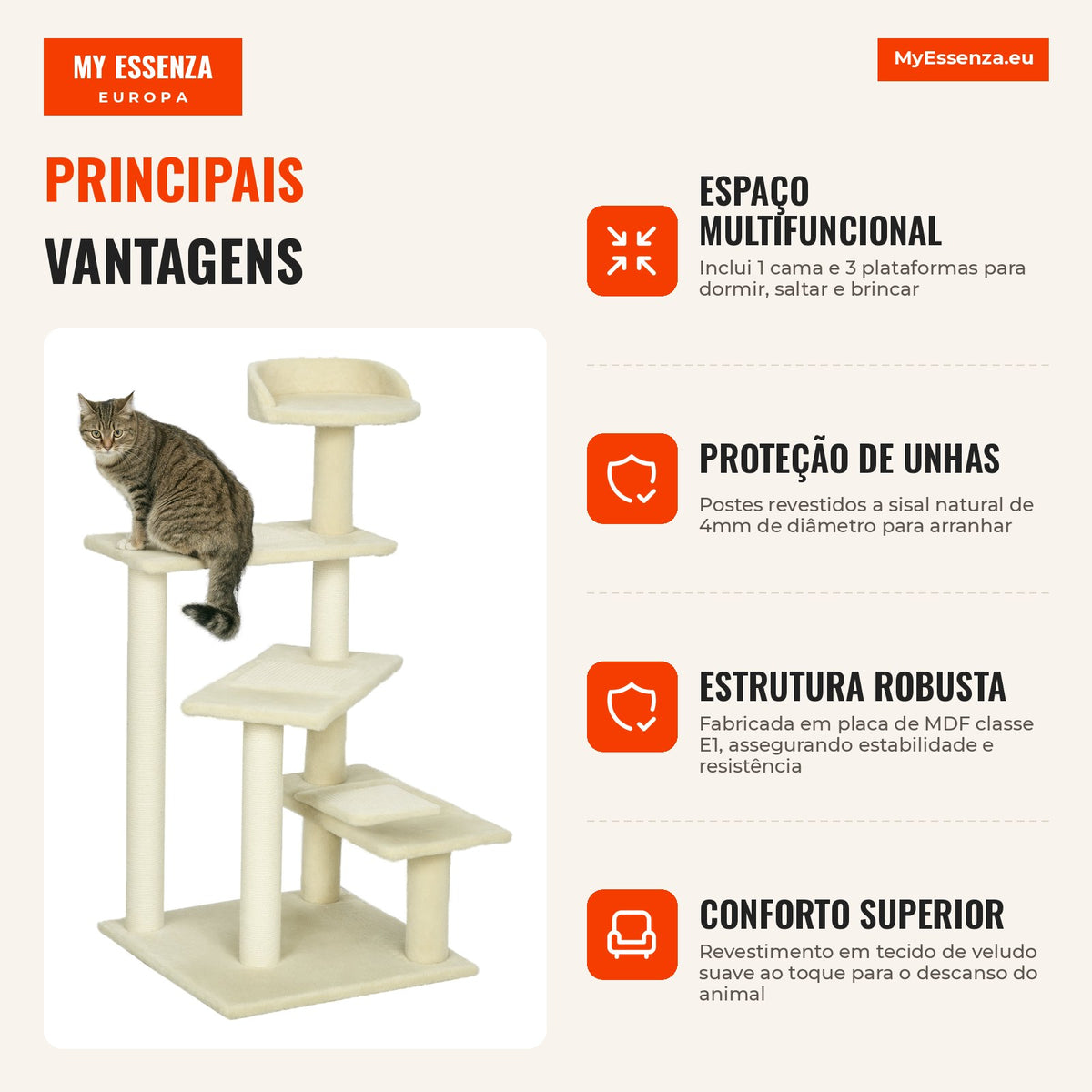 Cat tree with bed, platform and beige velvet sisal scratching post - 50x50x100cm — Infografia PT (vantagens)