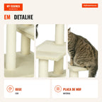 Cat tree with bed, platform and beige velvet sisal scratching post - 50x50x100cm — Infografia PT (detalhe)