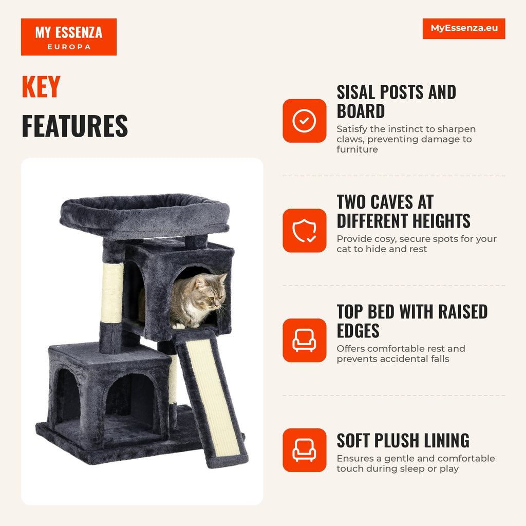 Cat Scratching Post with Sisal Scratching Board, Cave, Elevated Bed with Soft Touch 59x39x83 cm Dark Grey — Infografia EN (vantagens)