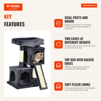 Cat Scratching Post with Sisal Scratching Board, Cave, Elevated Bed with Soft Touch 59x39x83 cm Dark Grey — Infografia EN (vantagens)